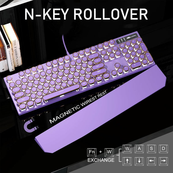 MageGee Retro Typewriter Mechanical Gaming Keyboard, 104-Key Wired USB, Blue Switches, RGB Rainbow Backlit, Purple